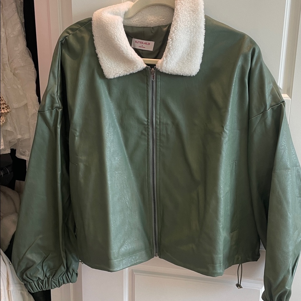 Green Faux Leather Bomber Jacket with White Sherpa Collar new with tags